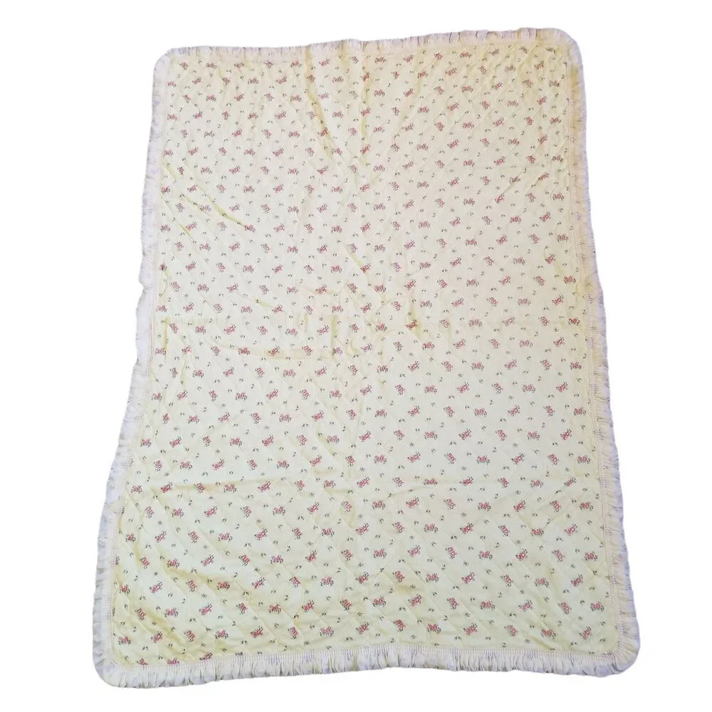 Yellow Quilted Floral Baby Blanket Satin Trim Gift Vintage Bedding Gift Ditzy Pr